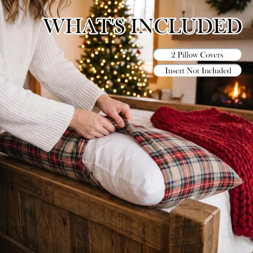 Vista 4 de Juego de 2 fundas de almohada lumbar de Navidad para exteriores de tartán Tartán lumbar marrón