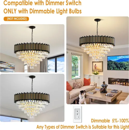 Vista 9 de Candelabro moderno de cristal negro y dorado de 15 luces para comedor, sala de estar, redondo, 6 niveles, contemporáneo, colgante de techo, lámpara