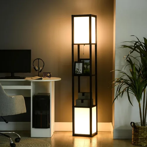 Vista 2 de HOMCOM Lámpara de pie moderna con estantes e iluminación ambiental doble, lámpara de pie alta para sala de estar, dormitorio con pantalla de tela