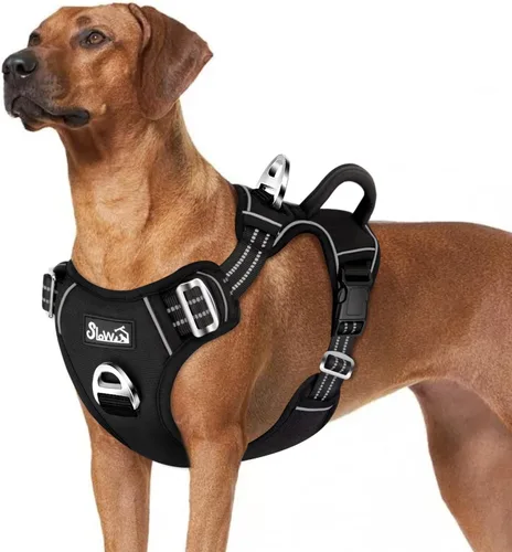 Vista 28 de SlowTon Arnés para perro sin tirones, arnés resistente sin estrangulamiento para mascotas, con 2 clips para la correa y mango vertical de fácil