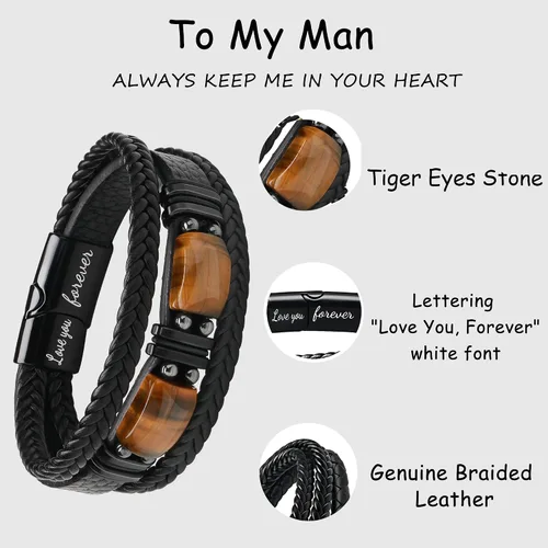 Vista 4 de Pulseras de cuero de ojo de tigre para hijo, marido, nieto, novio a mi hombre, joyería para hermano papá, 7.58.59 pulgadas
