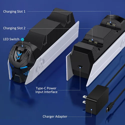 Vista 8 de Estación de carga para controlador PS5 para Playstation 5 Dualsense - Fast PS5 Dual Controller Stand Charger Dock con adaptador de CA, controlador