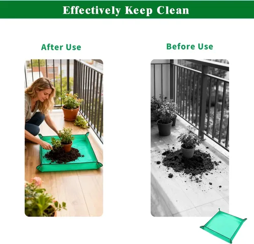 Vista 4 de Paquete de 3 tapetes de trasplante, 26.8 x 26.8 pulgadas, grueso de alta densidad, impermeable, bandeja de jardinería para trasplante de plantas