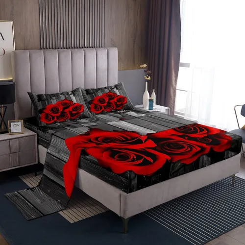 Vista 2 de Erosebridal Juego de sábanas de rosas rojas, tamaño individual, color rojo y negro, para niñas, mujeres, hombres, parejas, romántico, floral