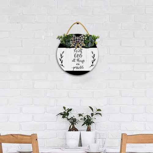Vista 4 de Letreros con texto en inglés "With God All Things are Possible for Front Door Wreaths" (Con Dios todas las cosas son posibles) para coronas