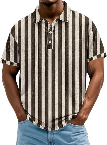 Vista 7 de Camisa polo de manga corta para hombre, camiseta de golf a rayas, de manga corta, para vacaciones, casual, cuello en V, camiseta de verano