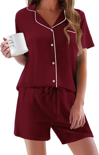 Vista 39 de Ekouaer - Conjunto de pijamas de manga corta para mujer, con botones, suave, 2 piezas, conjuntos de descanso, tallas XS-XXXL Verde Aqua