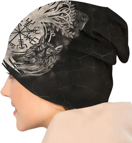 Vista 5 de MaoPInG Vegvisir Yggdrasil Crow Fenrir Wolf Tree of Life Beanie Hat Fall Women's Warm Beanie Dual Casual Hat Sombrero Sombrero de senderismo