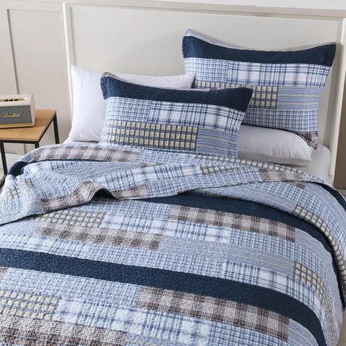 Vista 4 de PANGUSHAN - Juego de edredón tamaño Queen, 100% algodón, juego de ropa de cama, colcha reversible ligera de estilo granja con diseño de retazos Azul