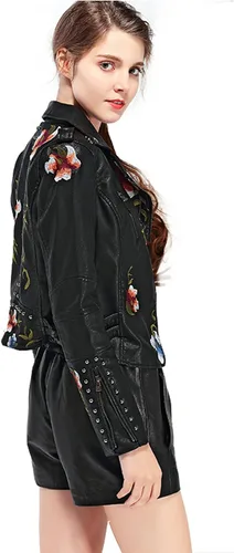 Vista 4 de LY VAREY LIN Chaqueta de cuero sintético bordado floral para mujer