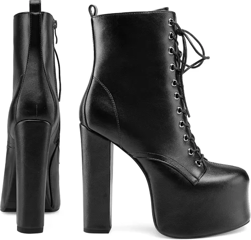 Vista 4 de Perisis Botines de plataforma de tacón alto grueso para mujer, botines de tacón con cordones de cuero a la moda con cremalleras