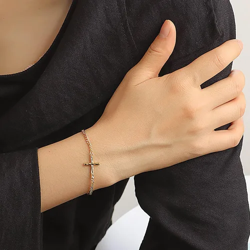 Vista 3 de Pulsera de cruz para mujer, chapada en oro de 18 quilates, pulsera de eslabones de cadena cubana, pulsera de oro para mujer, regalos de confirmación