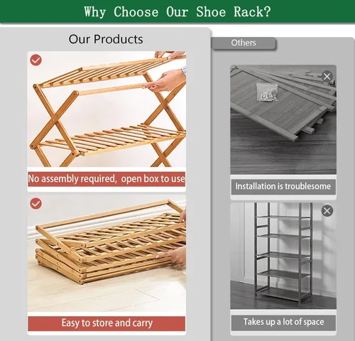 Vista 4 de Zapatero de bambú de 2 niveles, estante de almacenamiento de zapatos plegable portátil, sin instalación, pequeño zapatero perfecto para pasillos