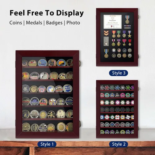 Vista 8 de ASmileIndeep Expositor de monedas de desafío militar de 6 filas, soporte de monedas de madera del ejército con vidrio templado HD, caja de Rojo