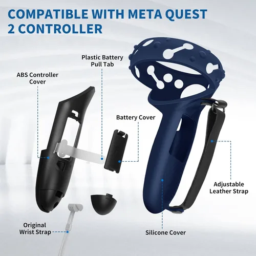 Vista 6 de Controller Grips Cover for MetaOculus Quest 2,Anti-Throw Strap with Battery Opening,Extended Controller Grips Covers Suitable for Large Hands(Blue)