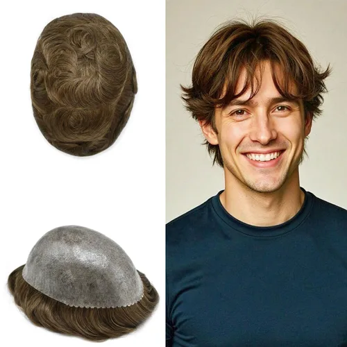Vista 42 de Toupee for Men Hair Piece Real Human Hair Full Poly Skin Mens Toupee Mens Hair System Injected PU Hair System Invisible Hairpiece for