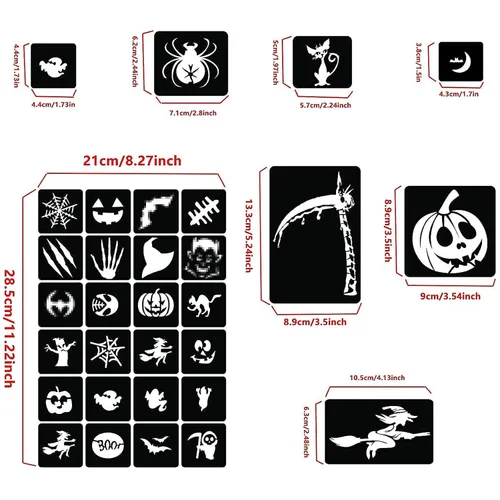 Vista 4 de XMASIR Kit de 45 plantillas de tatuaje con purpurina de Halloween para niños, plantillas de calabaza de Halloween, calcomanías temporales de tatuaje