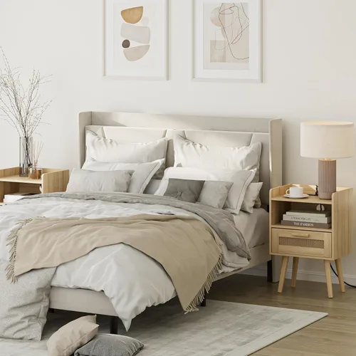 Vista 8 de Masupu Mesita de noche, mesita de noche pequeña con dos cajones, mesita de noche blanca, muebles de noche, mesa auxiliar moderna de mediados