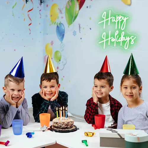 Vista 7 de Letrero de neón con texto en inglés "Happy Holidays", regulable, luz de neón LED verde, alimentada por USB, para dormitorio universitario