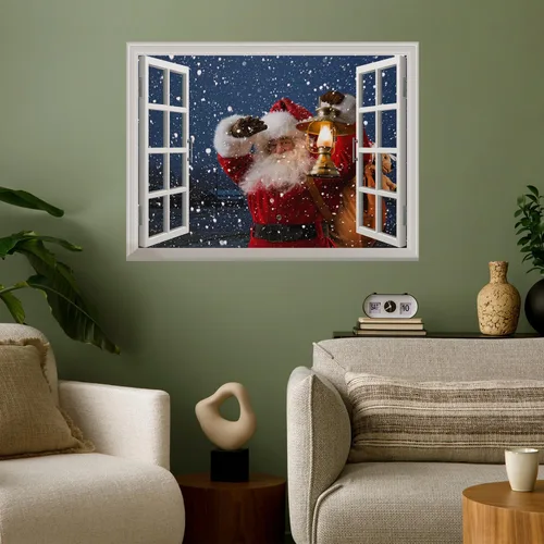 Vista 16 de wall26 Adhesivo de Pared Papá Noel Llevando Regalos Ventana Abierta Mural, No Se Despega y No Se Pega, Papel Tapiz No Tejido Decorativo