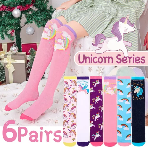 Vista 4 de Calcetines altos hasta la rodilla para niños y niñas 6 pares de calcetines largos y divertidos de animales coloridos para niños