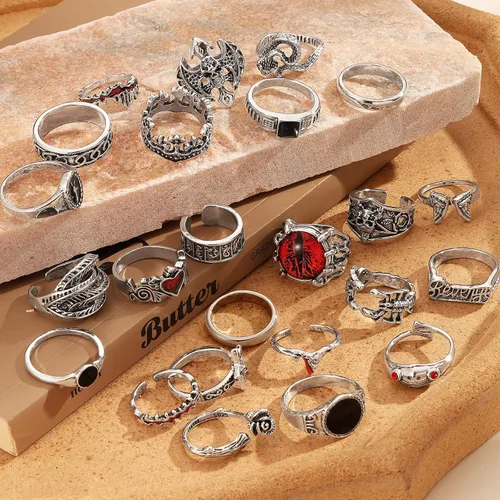 Vista 5 de IFKM Vintage Silver Knuckle Rings Set for Women, Stackable Joint Finger Statement Rings Bohemian Retro Hollow Carved Midi Rings, Boho Halloween