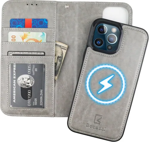 Vista 19 de Bocasal Funda tipo cartera desmontable para iPhone 13 Pro Max con bloqueo RFID, ranuras para tarjetas, soporte de cuero PU premium, soporte