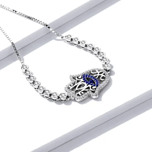 Vista 3 de BISAER Pulsera de plata de ley 925 con circonita cúbica Hamsa ajustable para mujer