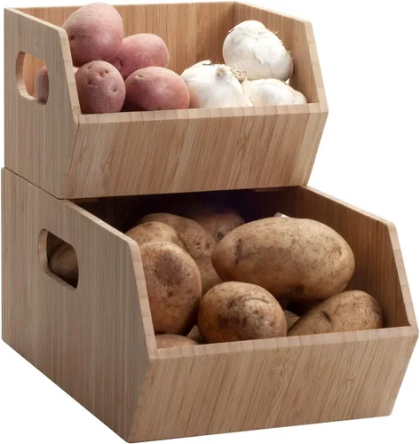 Vista 4 de MobileVision Contenedores de almacenamiento de bambú para despensa y armario de cocina, multiusos, juego apilable de 2 piezas para productos