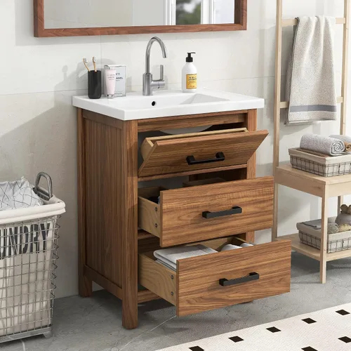 Vista 12 de Tocador de baño multifuncional de 30 pulgadas con lavabo individual, armario combinado de montaje inferior, marco de gabinete de baño de madera