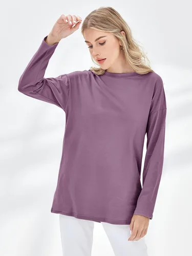 Vista 38 de Fisoew Camisetas de manga larga para mujer, holgadas, casuales, con cuello redondo, blusa suave