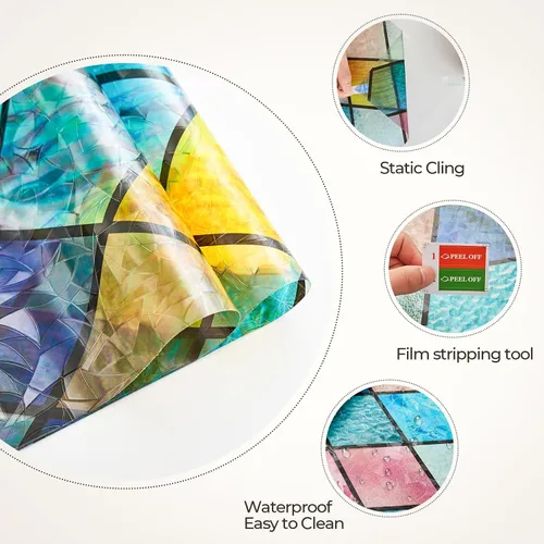 Vista 7 de Lámina de privacidad para ventana Windimiley con diseño de vidrio manchado: adhesivo estático decorativo floral 3D arcoíris con control de calor