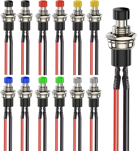 Vista 13 de Gebildet 10 piezas de botón de presión momentáneo mini precableado negro 3V-6V-12V-24V-230V/1A, SPST normalmente abierto ON/Off, botón redondo de 2