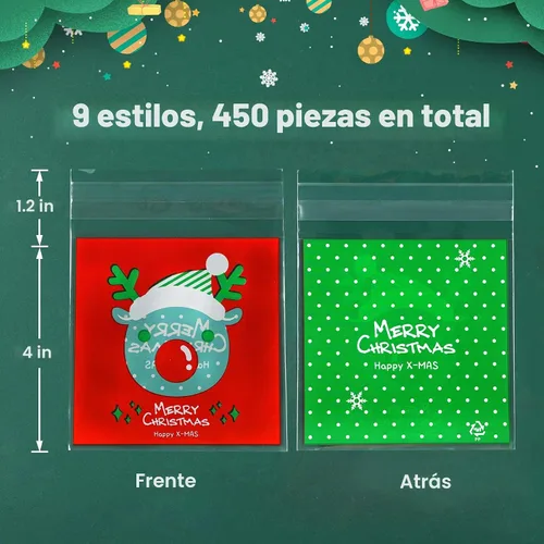 Vista 2 de FEBSNOW 450 bolsas de dulces de Navidad, bolsas autoadhesivas de celofán, bolsas de plástico para galletas para Navidad, fiestas, regalos Juego