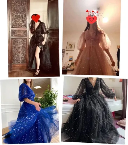 Vista 6 de Vestidos de fiesta de tul estrellado brillante para mujer, vestidos de noche con mangas abombadas, vestido de fiesta formal con bolsillos