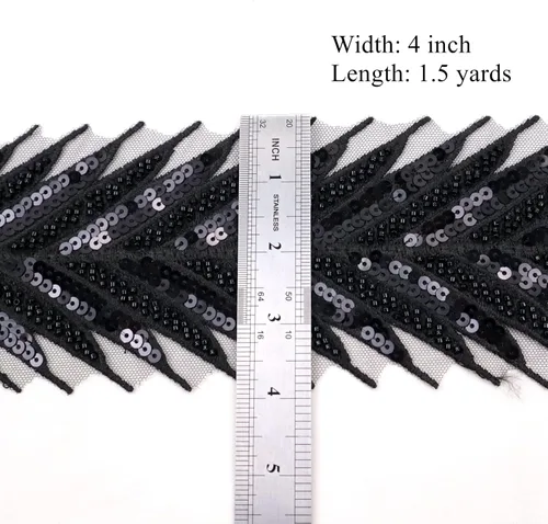 Vista 2 de Cinta de encaje con cuentas de encaje negro apliques de lentejuelas encaje de malla de flecha de encaje para coser, decoración de ropa