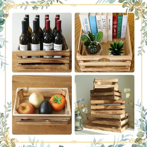 Vista 4 de Juego de 4 cajas de madera grandes decorativas con asas, cajas rústicas de madera de granja marrón para exhibición, organizador de cestas