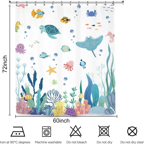 Vista 3 de Cortina de ducha para niños, 60 pulgadas de ancho x 72 pulgadas de largo, linda tortuga corales submarinos para niños y niñas, peces marinos, juego