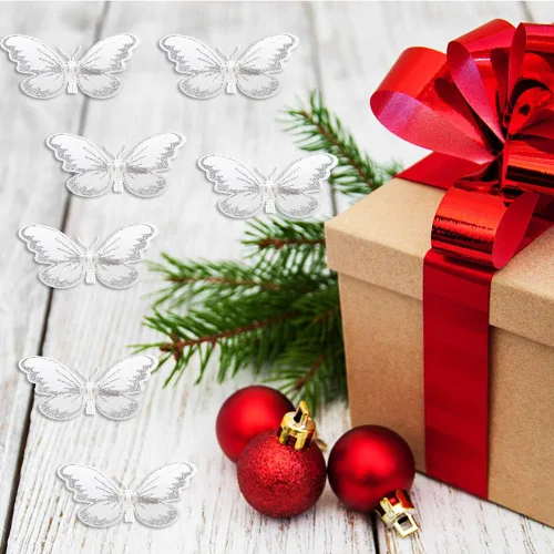 Vista 5 de Firlar Adorno de mariposa con purpurina de Navidad, 24 piezas de clip de mariposa para árbol de Navidad, coronas, fiestas, decoración de boda