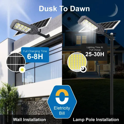Vista 4 de Farolas solares para exteriores, luces de inundación solares de 4600 W, IP67, impermeables, 6500 K, 504 LED, luz de seguridad comercial con control