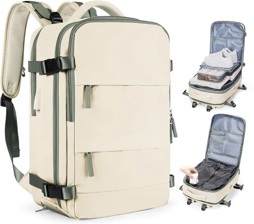 Vista 44 de Mochila de viaje grande, bolsa de mano, aprobada para aviones, para artículos personales, para hombre o mujer, color beige con marrón