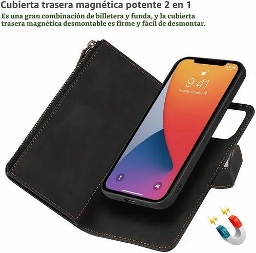 Vista 8 de iCoverCase Compatible con iPhone 13 - Funda tipo cartera para teléfono con tarjetero, piel sintética, bolsillo con cremallera, magnética Desmontable