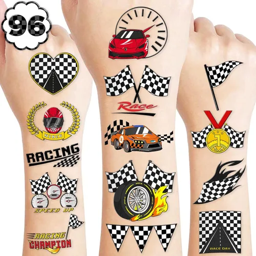 Vista 9 de 96 piezas de tatuajes temporales luminosos precortados con bandera a cuadros que brillan en la oscuridad para niños Recuerdos de fiesta