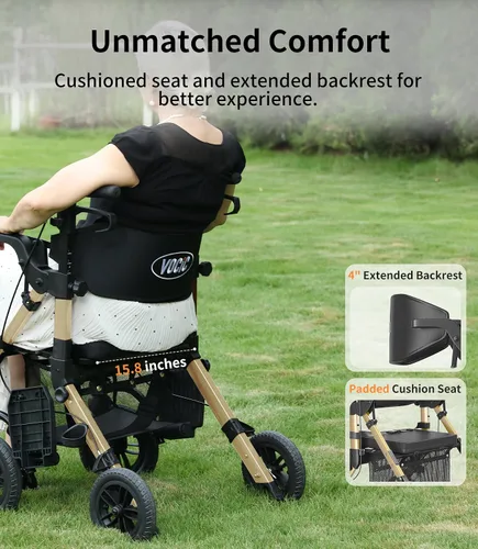 Vista 3 de VOCIC Andadores para personas mayores, andador con ruedas con asiento, silla de ruedas transportable ligera plegable, andador rodante para adultos