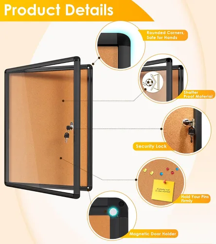 Vista 3 de Swansea - Tablero de anuncios de corcho con cierre Tamperproof, Shatter Resistant, Wall-mounted, Black Aluminum Frame, Display Board for Office