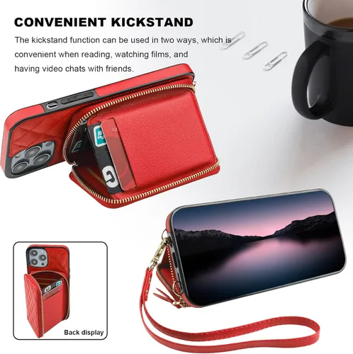 Vista 4 de Bocasal Una elegante funda tipo cartera cruzada para iPhone 14 Pro Max + una funda delgada de cuero para AirPods Pro