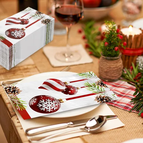 Vista 5 de AnyDesign Paquete de 100 servilletas de Navidad para invitados, bola colgante de Navidad, patrón de cono de pino, servilletas de papel desechables