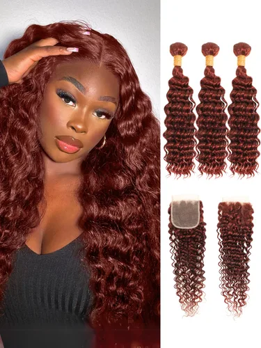 Vista 8 de Cabello Humano Rizado Castaño Rojizo, Trama Gruesa Castaño Cobrizo Rojo Coloreado Ondas Profundas Paquetes Individuales Cabello Humano 12A Tejido
