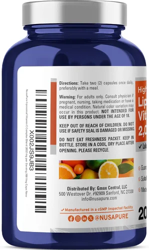 Vista 3 de NusaPure Vitamina C liposomal 2032mg - 200 cápsulas veganas vegetarianas, BioPerine - Ácido ascórbico de alta absorción