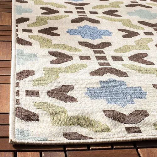 Vista 4 de SAFAVIEH Alfombra lavable al aire libre Veranda Collection – Alfombra de pasillo de 2 pies 3 x 8 pies, color crema y aguamarina, no desprende pelusa